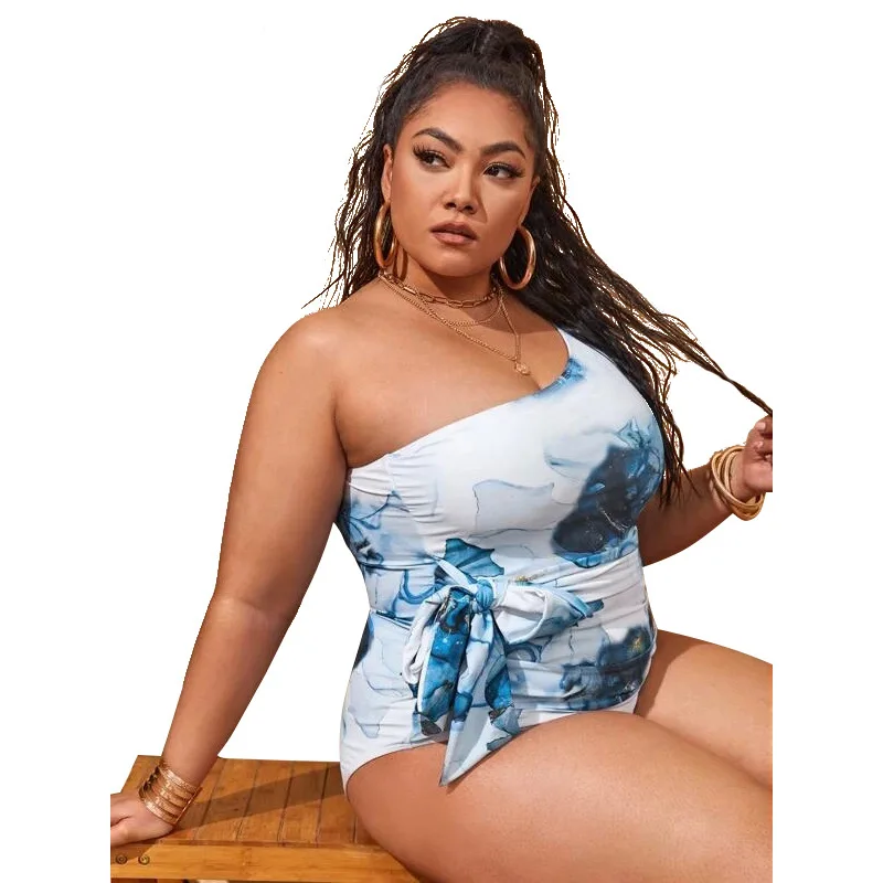 5xl Swimwear High Waist Swimming Bathing Suits Plus Size One Shoulder One Piece Bikini Tie Dye Swimsuit