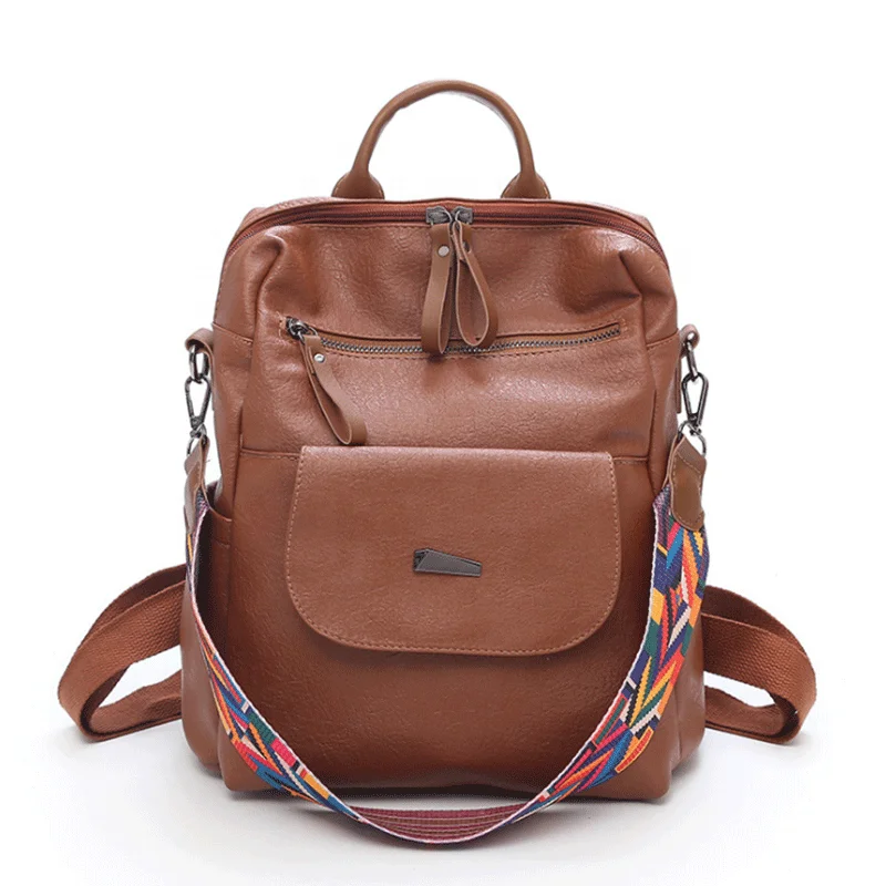New Fashion Boho Colorful Strap PU Leather Women Solid Color Soft Travel Trumpet Backpack