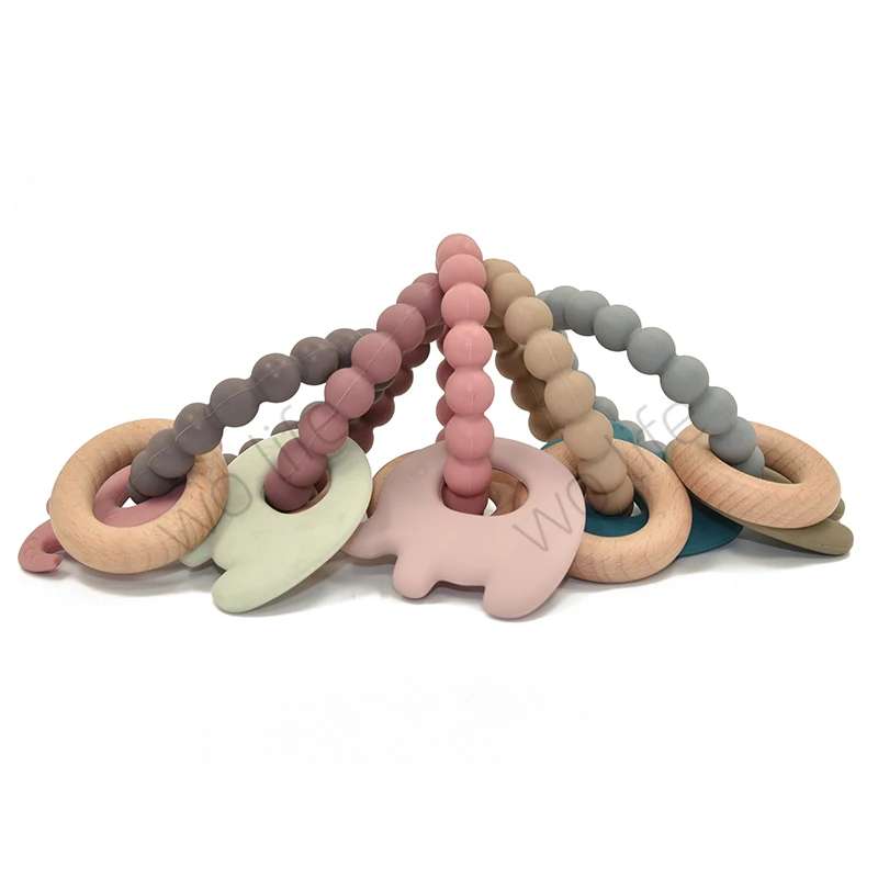 Custom Shape BPA Free Baby Safe Pain Relief Teether Ring Teething Beads Silicone Wood Ring