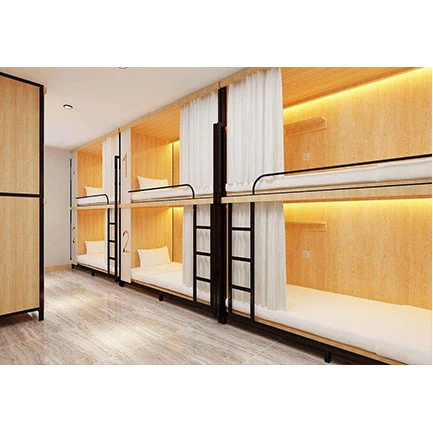 Коммерческая двухъярусная кровать из нержавеющей стали королевского размера с настольным столом, шкафом, книжной полкой и лестницей для отеля