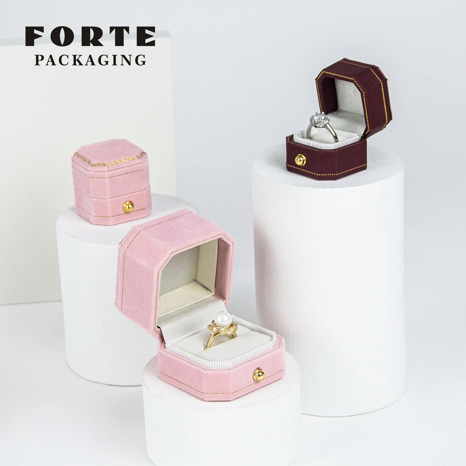 FORTE Custom Luxury Wedding Ring Box Set Velvet Suede Vintage Small Mini Ring Holder Jewelry Gift Box Packaging With Logo