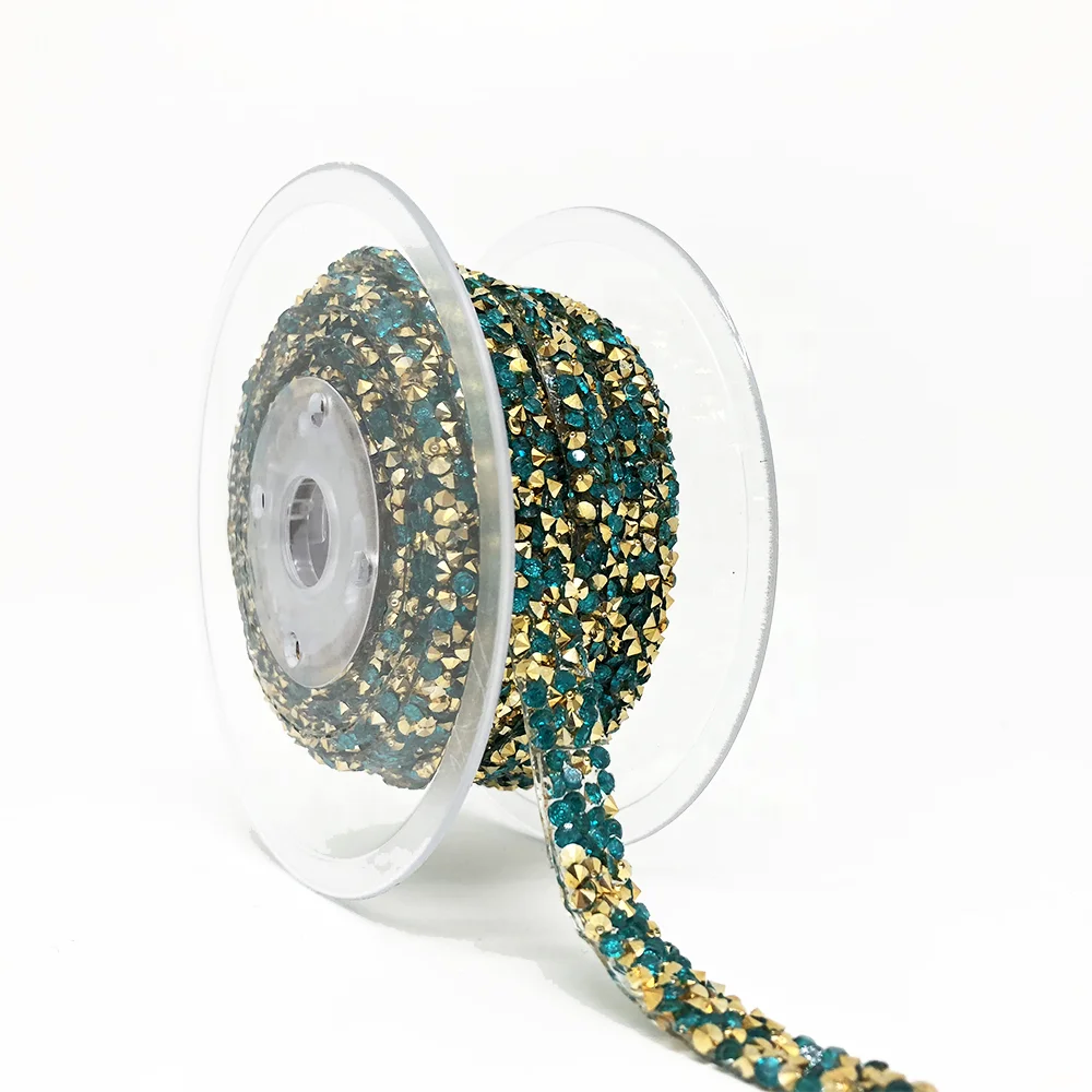 L076 1cm width iron on heat transfer hot fix crystal rock ribbon Gilded bottom crystal  resin rhinestone trimming tape for shoes