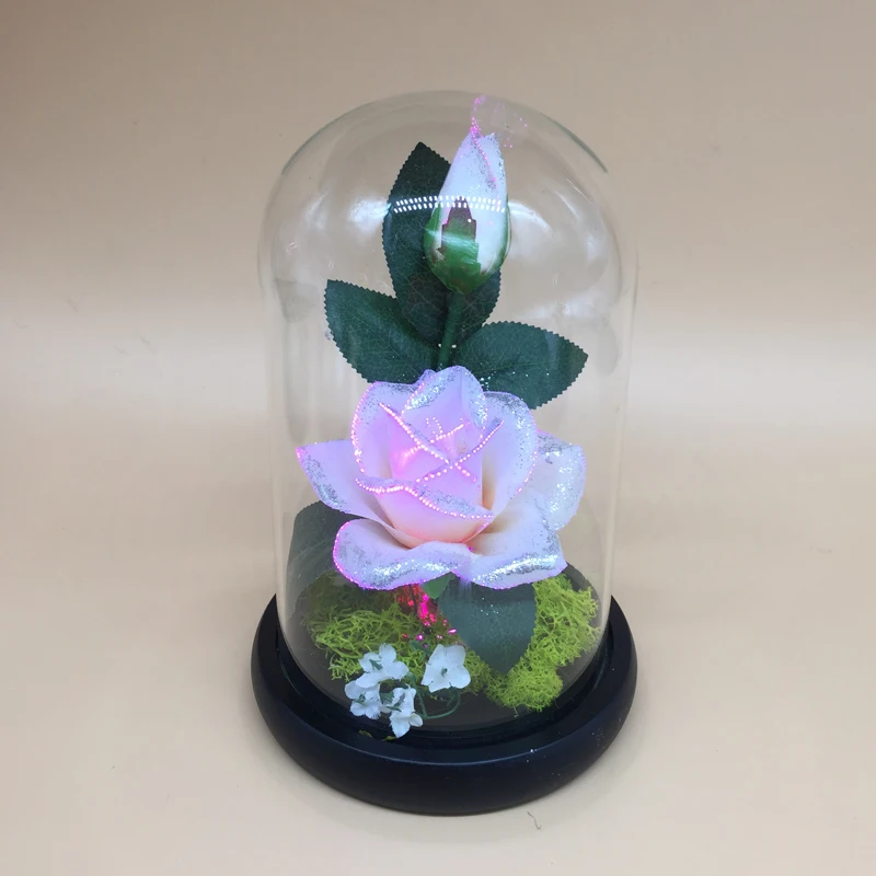 Wholesales Valentine Gift Fiber Optic Led Artificial Red Rose with Glass Dome indoor decoration
