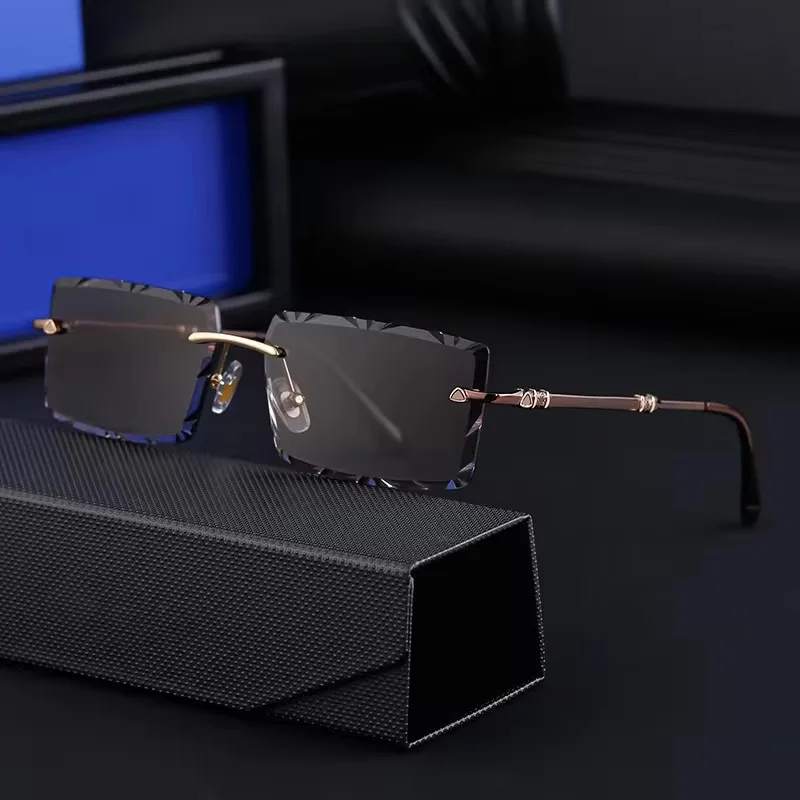 2024 Fashion Fancy Designer Rimless Diamond Cut Lens Rectangle UV400 Shades Sun Glasses Sunglasses for Men