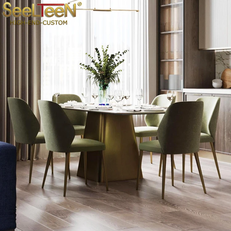 Matte Stainless Steel Base Marble Top Rectangle Table And Chair Set