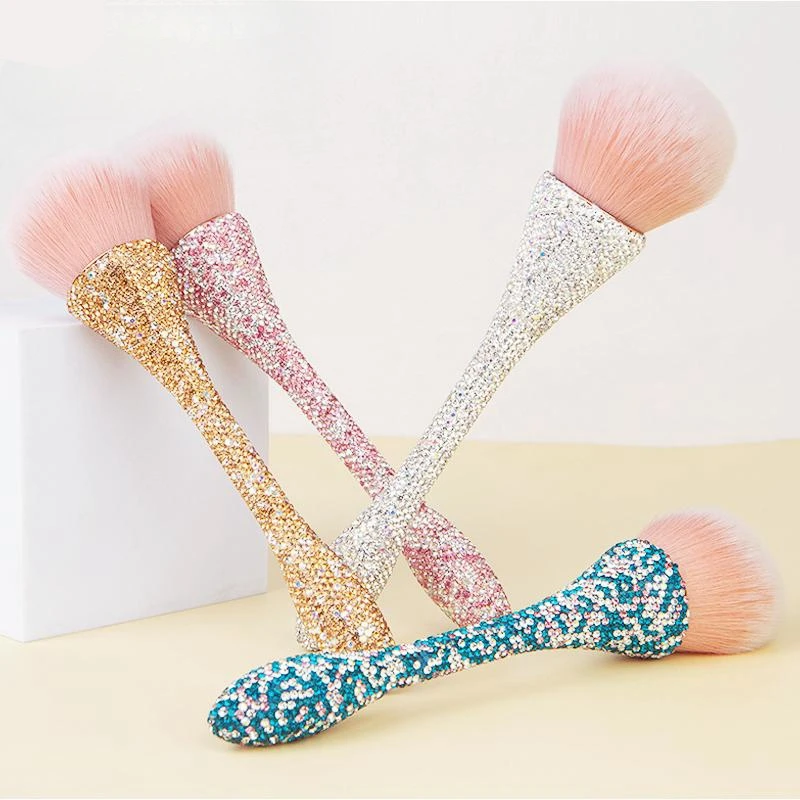 Custom Nail Art Glitter Beauty Makeup White Pink Rhinestone Nail Brush Full Diamond Nail Dust Brush Long Handle
