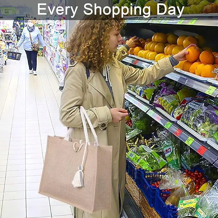 Pamela Beach Bag for Women Waterproof Beach Bag, Vinyl Lining Tassel Pocket Jute Tote Bag for Vacation Pool Grocery Gift