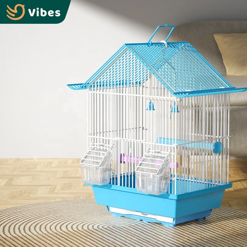 Sold By The Box MOQ 10PCS Cheap Small Bird Cage Wire Mesh Sloping Top Design Green White Blue Pink Canary Bird Parrot Cage