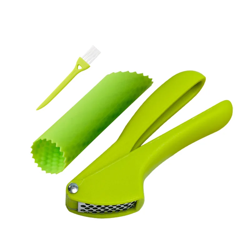 Kitchen Gadgets Garlic Mincer 3-Piece Set with Silicone Roll Peeler and Cleaning Brush Garlic Press