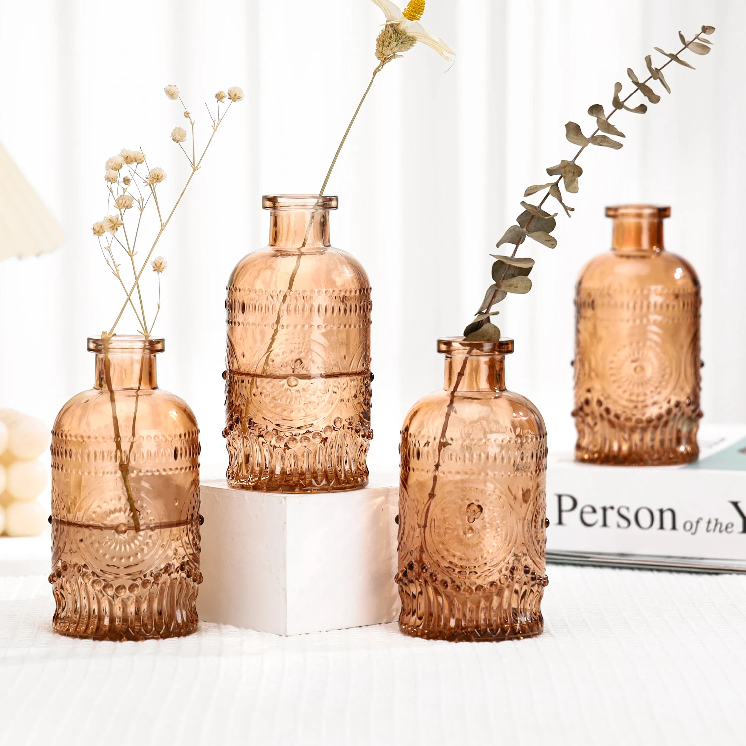 Mini Spanish Style Small Vintage Relief Retro Ribbed Stem Wedding Transparent Clear Glass Flower Hydroponics Floral Bud Vase