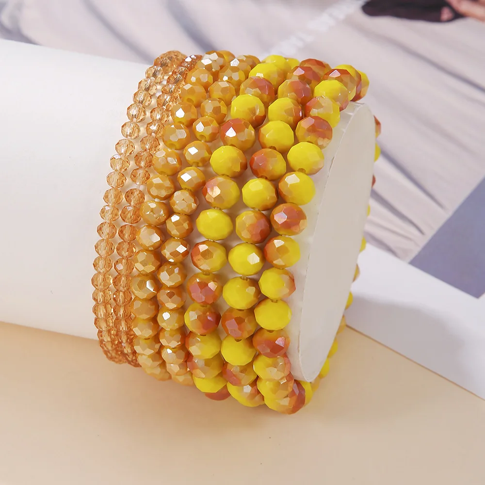 7pieces Per Set Different Size Crystal Beads Faceted Glass Beaded Same Color tone Stretch Bracelets Set