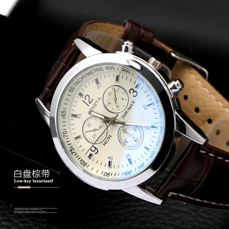 
Luxury Fashion Blue Ray Glass Three-eye Watch Leather Strap Waterproof Quartz Mens Watch for sport 