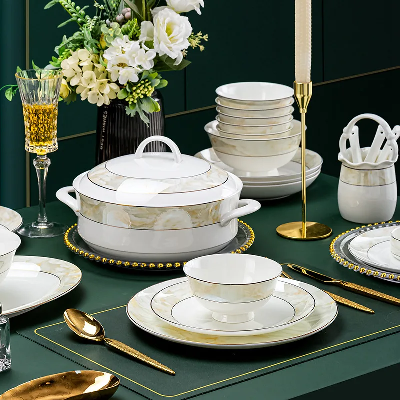 Luxury Design Porcelain Dinner Plates Sets Microwave Dishwasher Safe Fine Bone China Dinnerware Set for 10 Person Flower Deccal