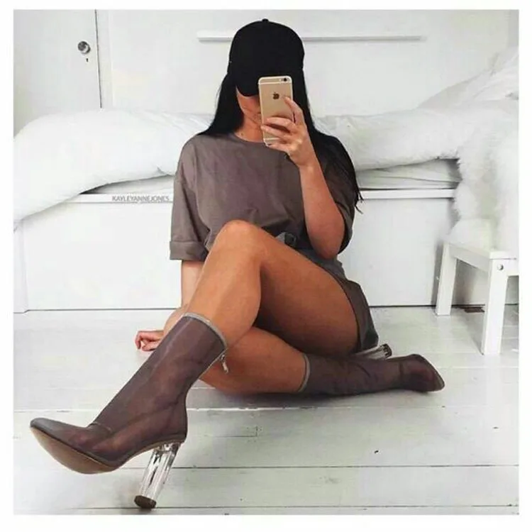 
QC-D488 Wholesale factory women breathable boots transparent crystal thick fashion boots comfortable back zipper high heel shoes 