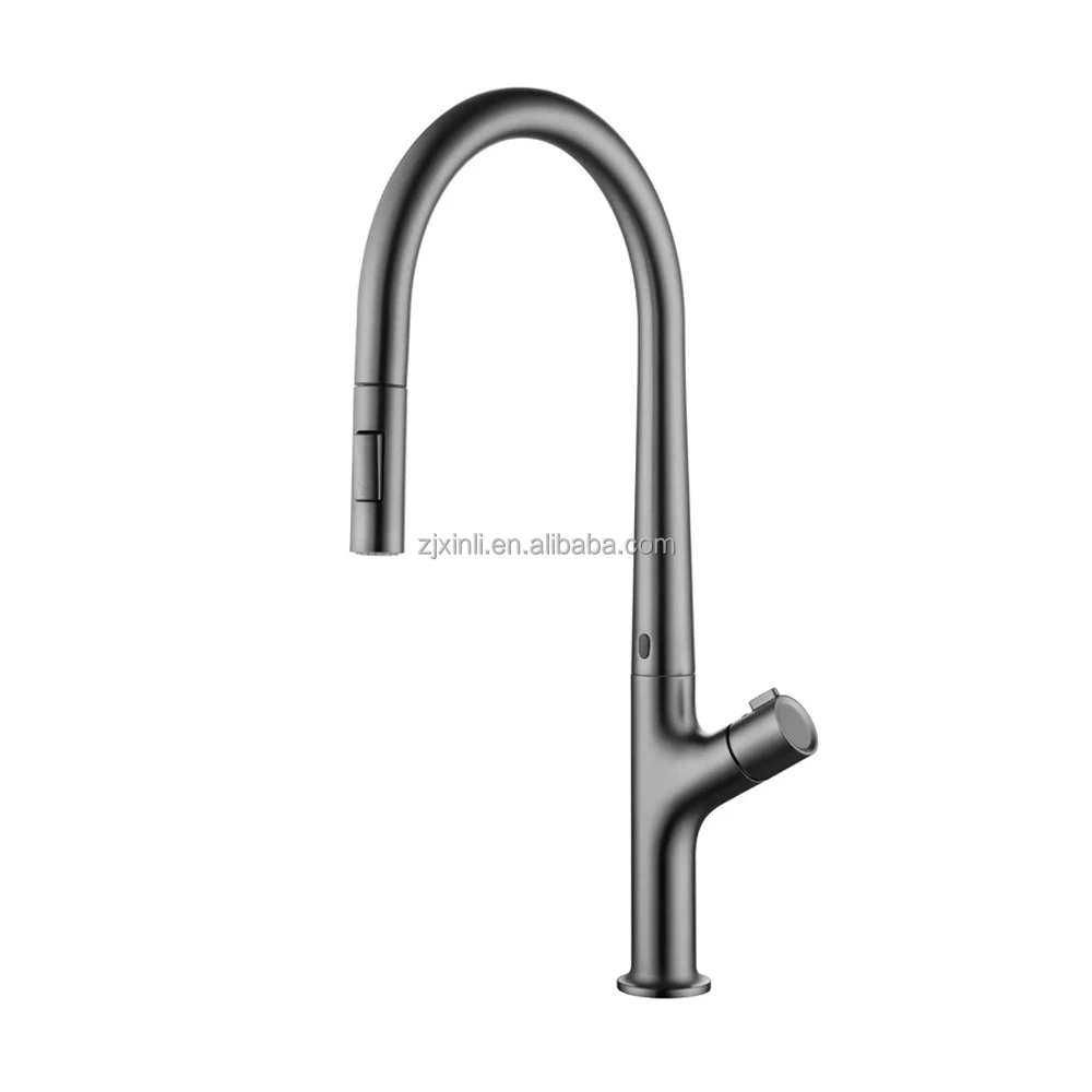 X8553K1 Brass Material Polished Grey Color Finishing Deck Mounted 360 Degree Rotating Intelligent Touch Sensor Kitchen Faucet