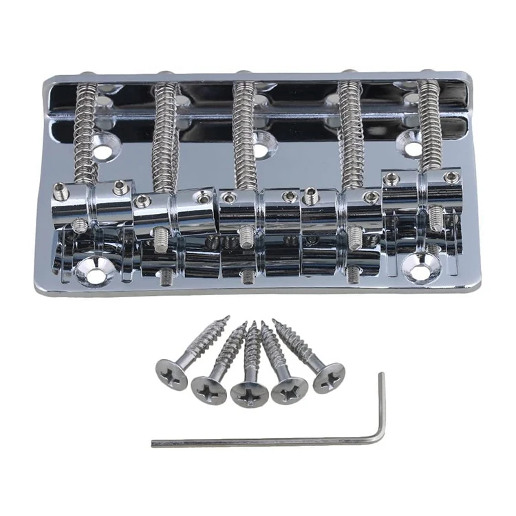 Chrome 5 String Hard Tail Fixed Bass Guitar Bridge for Jazz or Precision Bass Style Guitar Top Load