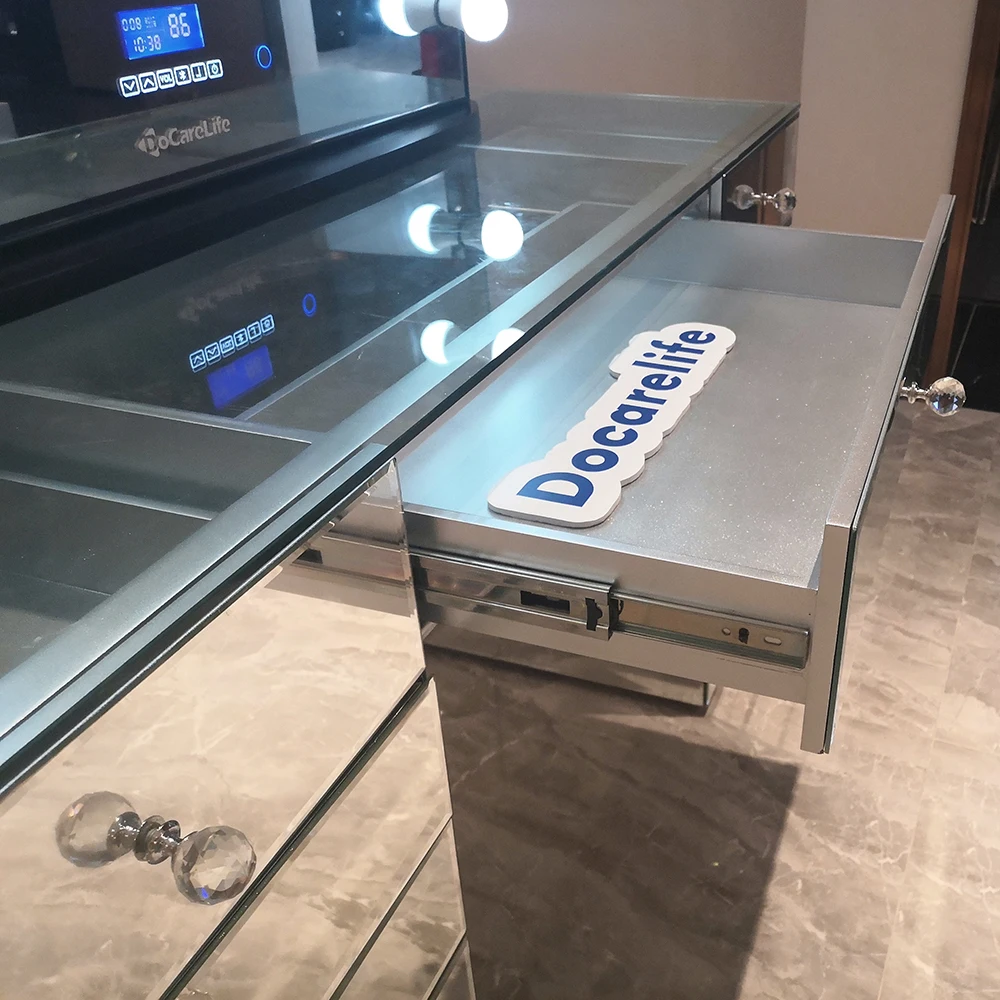 Docarelife bedroom set dresser glass tabletop 13 drawers makeup Hollywood lighted mirror vanity set  mirror table