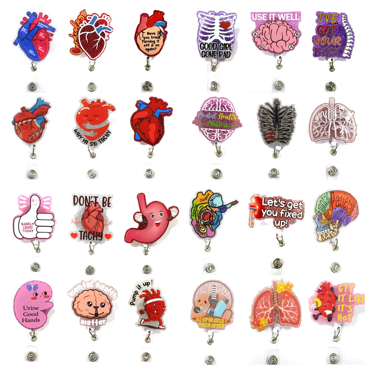 2024 Hot sale Nurse Badge Reel Glitter Acrylic  Heart Brain Lung Badge Reel Retractable Respiratory Therapist ID Card Holder