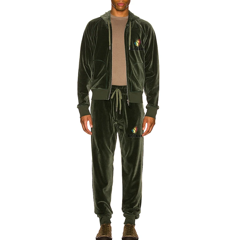 Customized chenille logo Army green zipper hoodies jacket velour men tracksuit