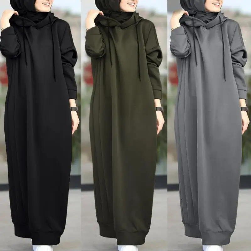 Solid Color Of Long Style Set Islamic Clothing Autumn Winter Hooded Coat For Abaya Women Muslim Dress And Lady Hoodies Coat
