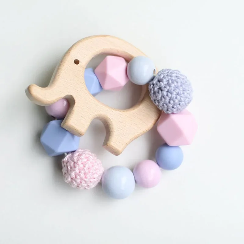 Newborn Baby Crochet Silicone Beads Teething Bracelet With Wooden Animal Leaf Teether Ring