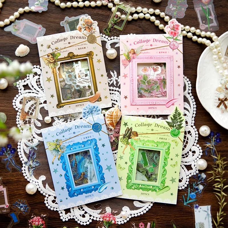 30pieces/pack Sticker Package Dream Collage Series Retro Artistic Notebook Collage Decorative Base Printed Paintings 4 Models