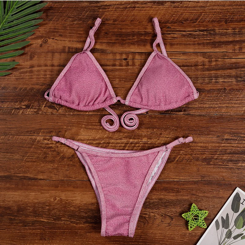2023 Customized Women Swimwear Beachwear Bright Silk Sexy Thong Bathing Suit Push Up High Cut Bikini Set
