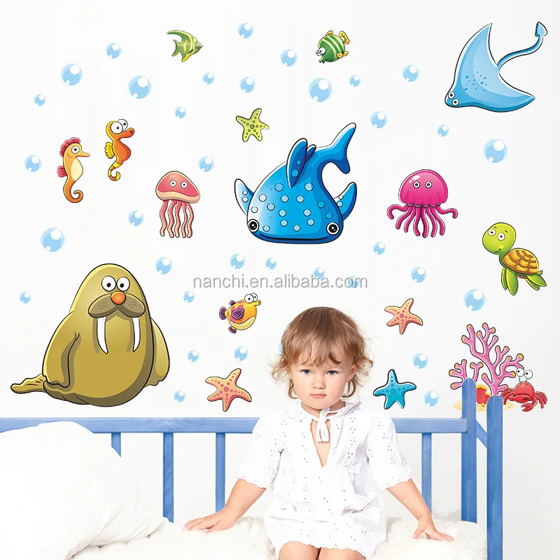 3D cartoon dolphin wallpapers for kids Blue ocean wallpaper sea decoration interior murals kindergarten kid wall mural stickers