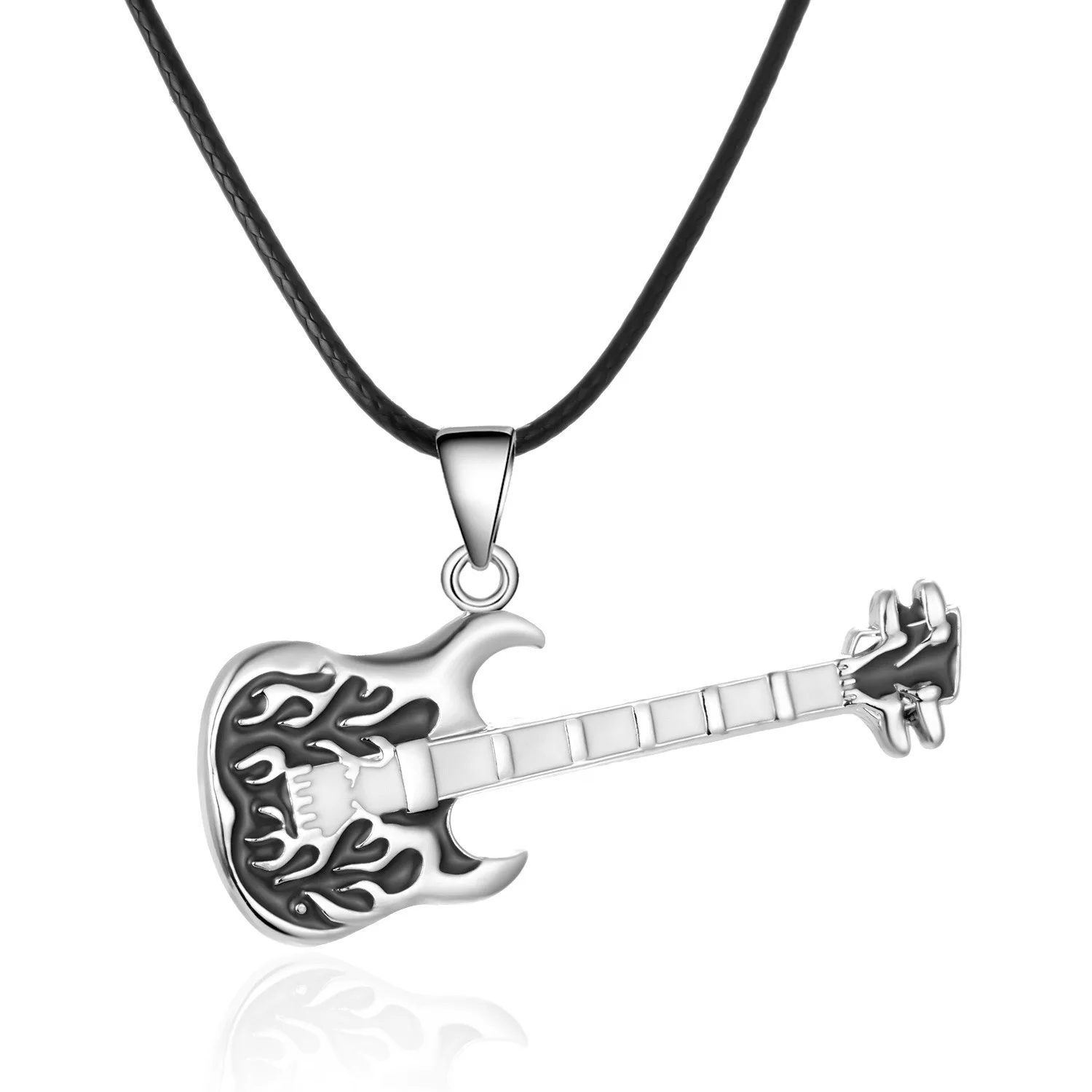 Unique Rock Music Lover Hiphop Jewelry Enamel Black Guitar Red Violin Stainless Steel Pendant Black PU Leather Necklace for Men