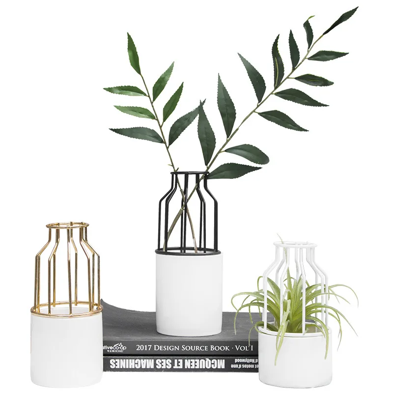 
Flower Vases Small Nordic Plant Modern Clear Cheap Decoration Gold Wedding Metal + Ceramic Flower Vases For Home Decor 