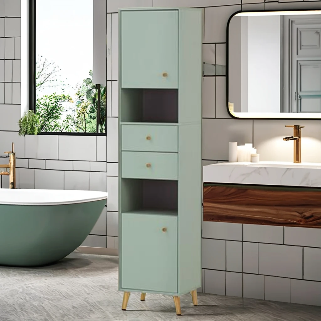Source Factory OEM Bathroom Furniture Wood Pistachio Green Bathroom Tall Cabinet