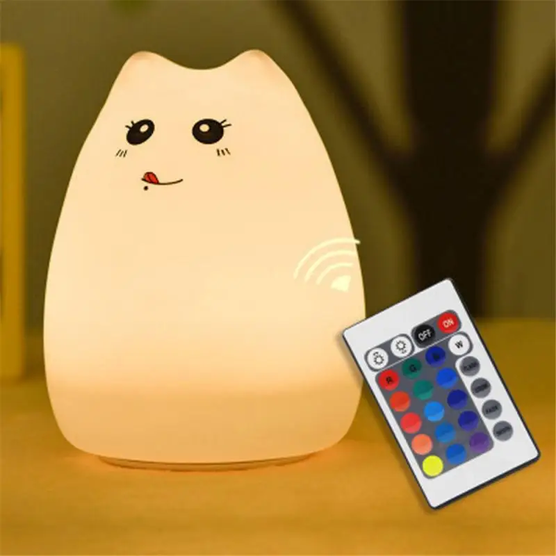Vofull 2021 Soft Cat Silicone Baby Nursery Lamp 7 Single Colors Sensitive Tap Control Cute Led Night Light for Kids