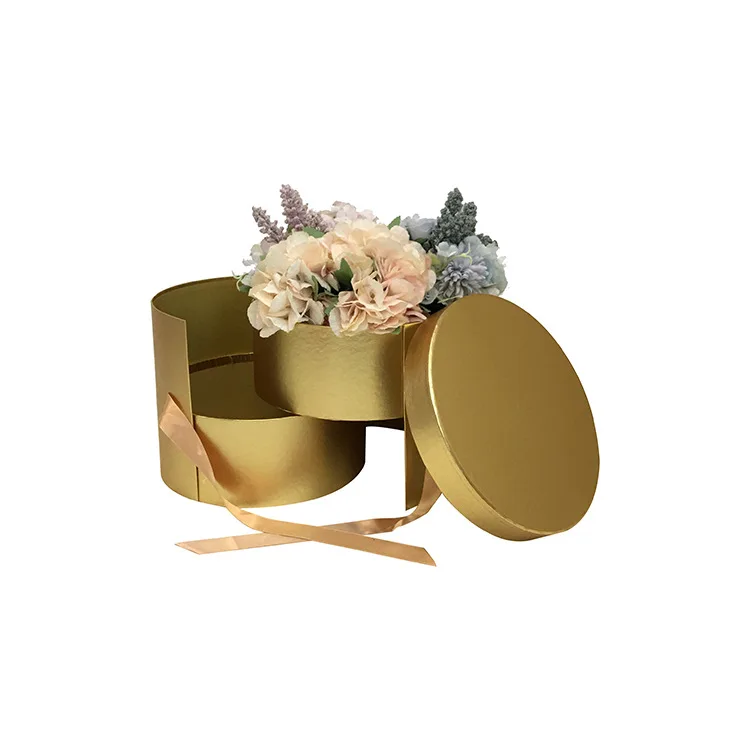 Metal texture small MOQ 2 layers luxury round flower gift box wholesale