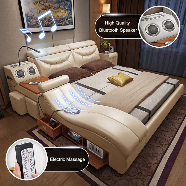 Hot-sell all in one bed frame with massage white leather wireless speaker queen size king and queen size bedroom furniture set