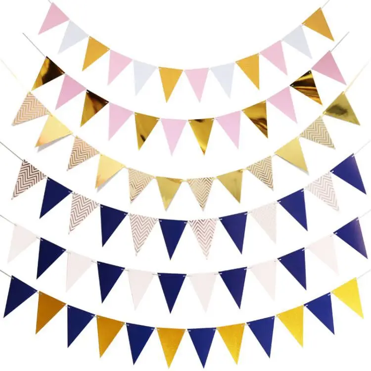Hot stamping pennant wave pull flag birthday party supplies atmosphere decoration gold and silver powder blue pennant banner