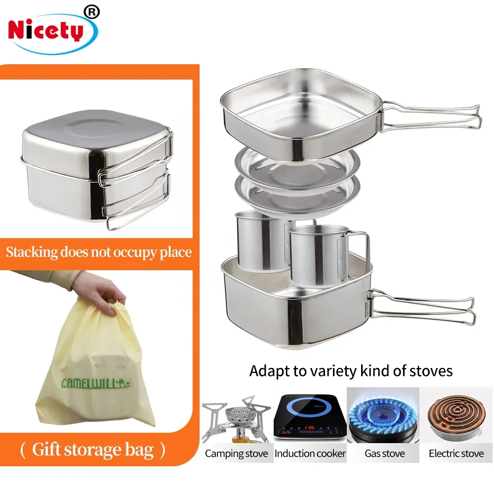 Backpacking Camping Cookware Picnic Cooking Cook Set for Hiking 6 pcs/set, 201 Stainless Steel