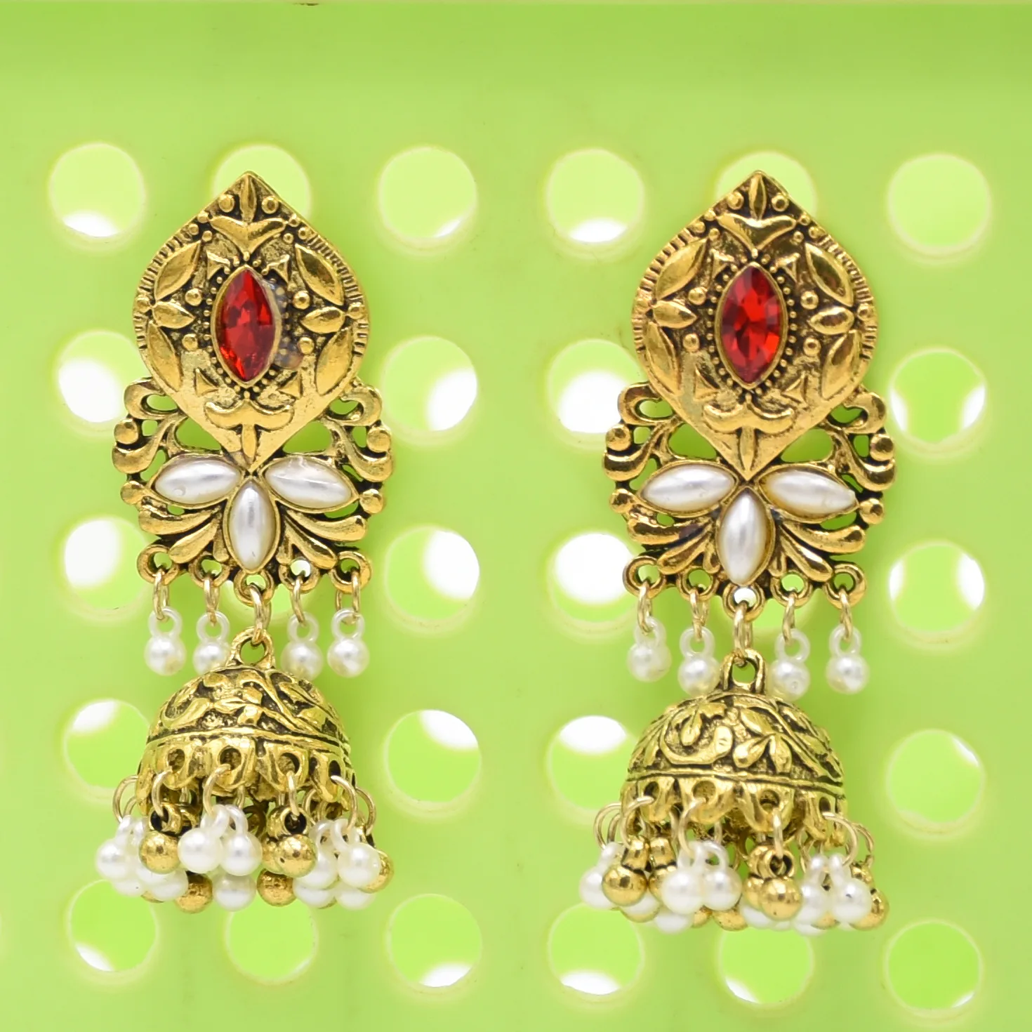 Gold Tone Art Deco Antique Vintage Art Deco Victorian Style Ruby Red Rhinestone Dangle Earrings