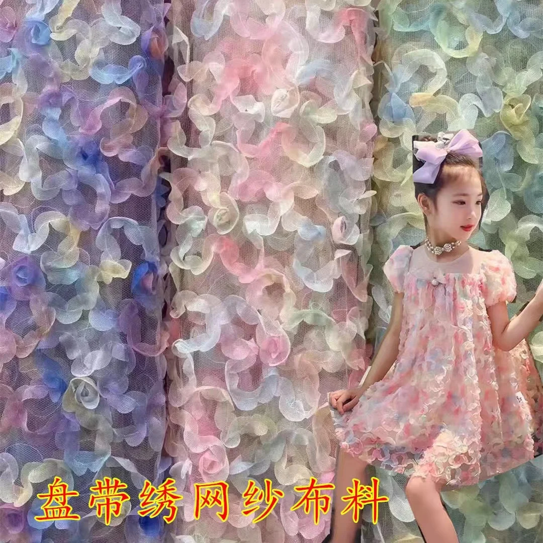 soft hand feeling  colorful dribbling embroidered net fabric doll dress  decoration children dress fabric