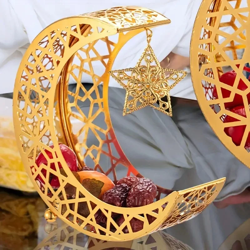 Decorative Moon Star Snack Tray Hollow Out Metal Dessert Plate Food Storage Container Serving Platter For Eid Table Decor