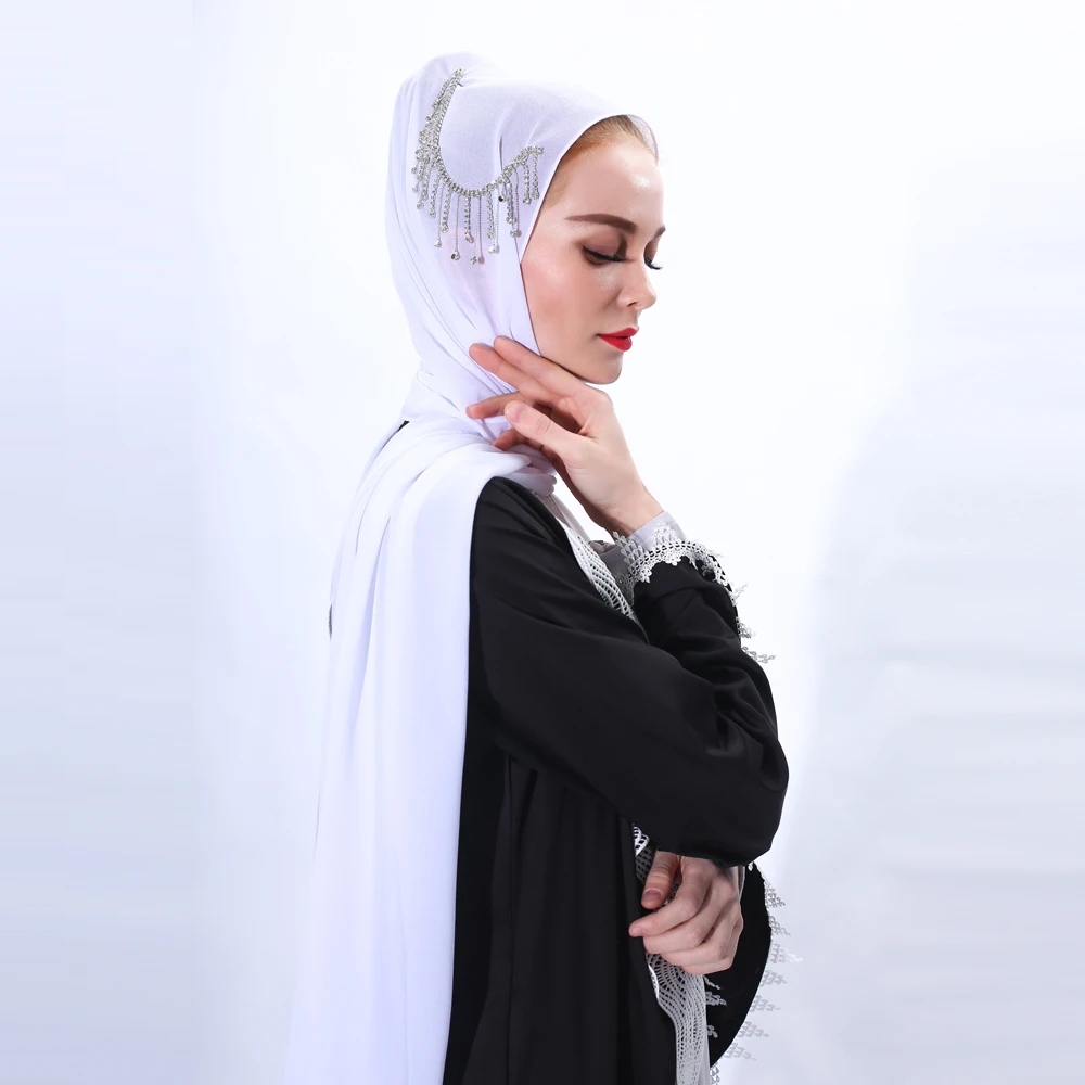 2022 New Designs solid plain color shawl handmade diamond Muslim scarf pearl chiffon hijab