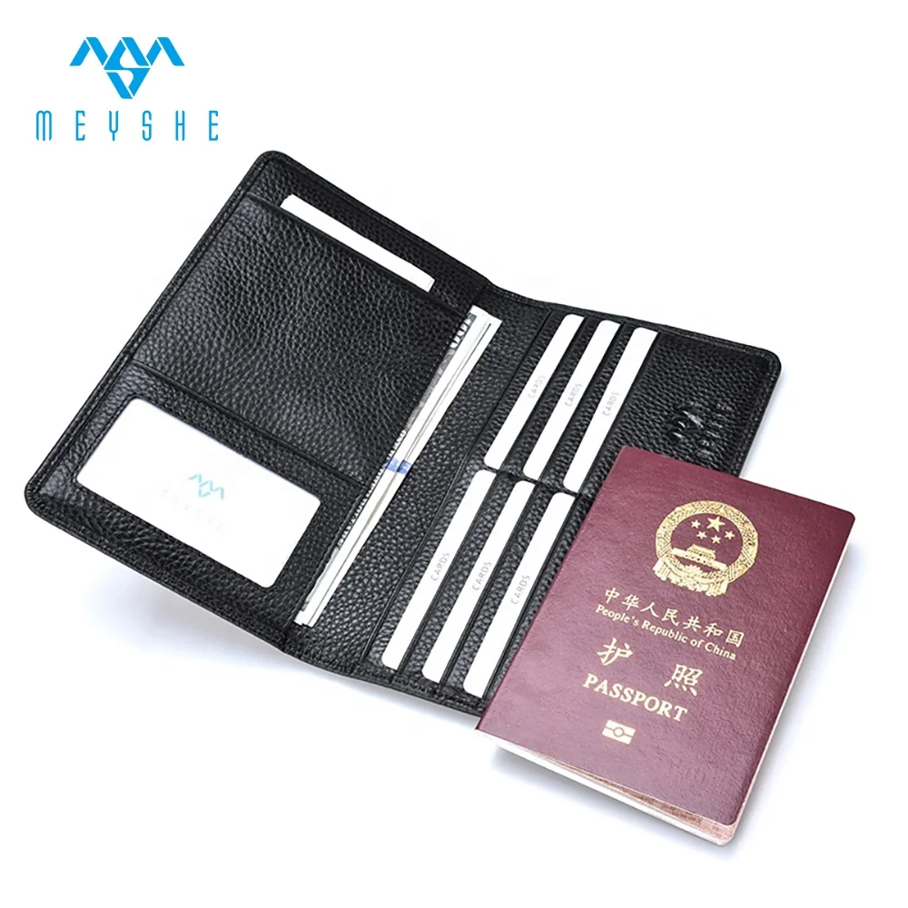 Factory price hot sale black genuine leather family travel wallet passport card holder