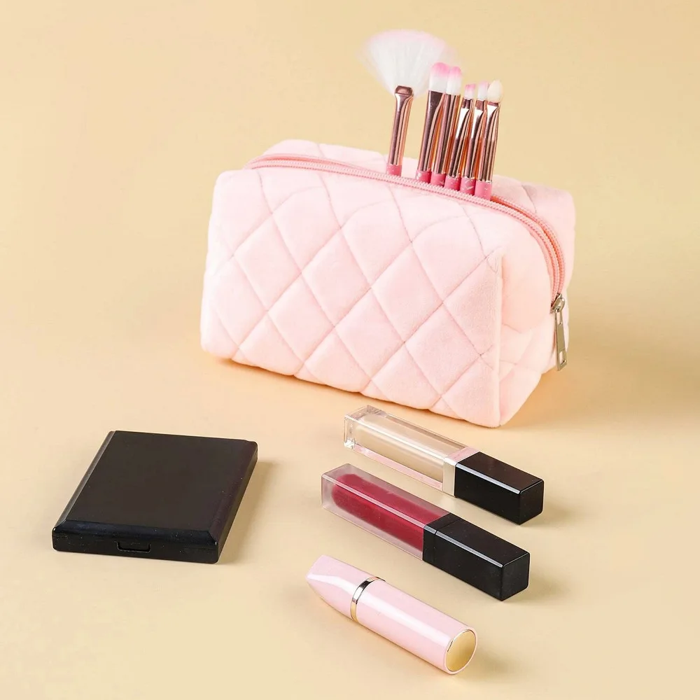 Women Fashion Quilted Recycled Cotton Square Cosmetic Makeup Organizer Case Bag