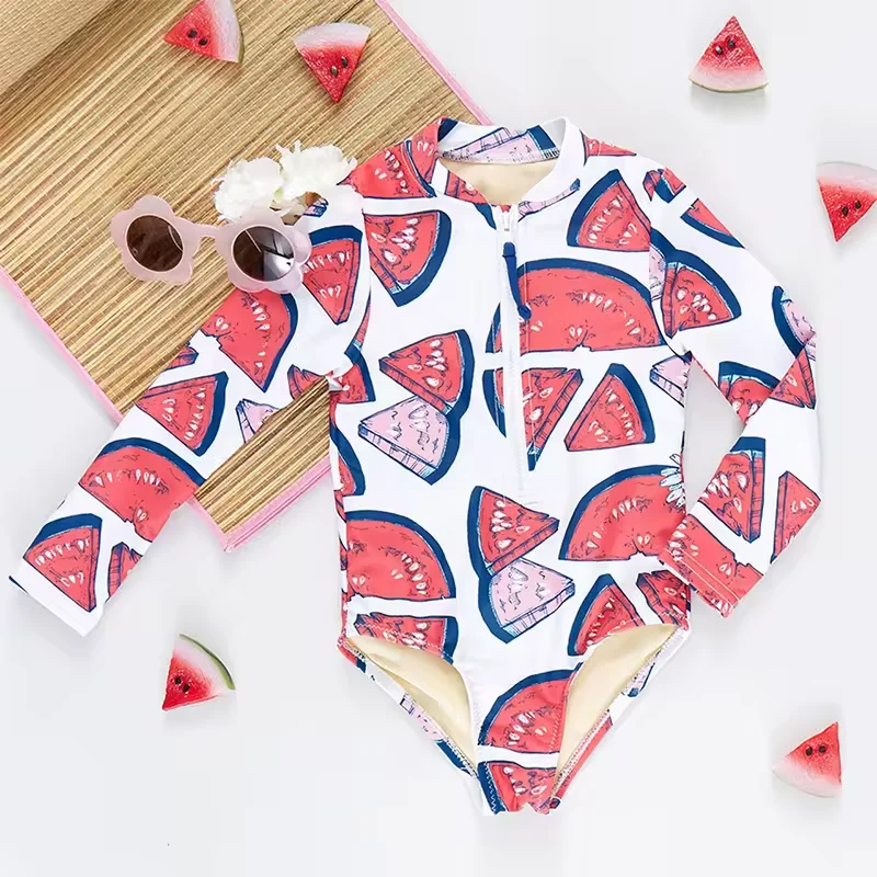 New Custom Watermelon Printing Casual Sun Protection Beachwear Long Sleeved One Piece Zipper Girls Swimwear 7-16