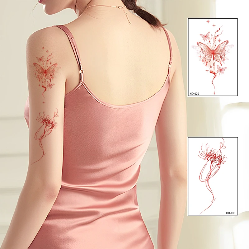 Red Retro Hand drawn Butterfly Flower Tattoo Stickers Art Photography Waterproof Temporary Tattoo Stickers