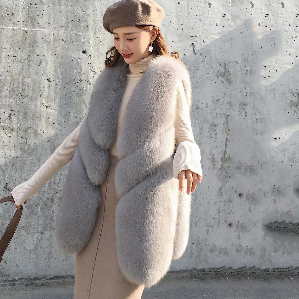 Cool Fashion Winter Fox Fur Gilet Warm Women Real Fox Fur Vest Ladies Grey Fur Vest