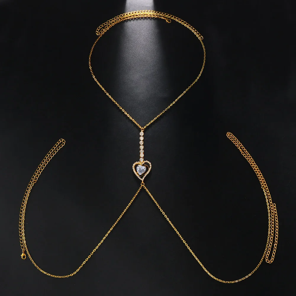 Sexy Rhinestone Heart Bra Chain Body Jewelry Bikini Women Love Heart Cross Chest Support Bra Harness Body Chain Gift