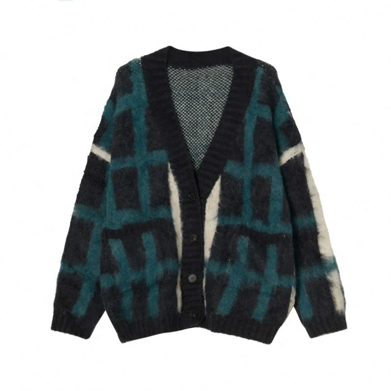 Wholesale Custom Knit Fuzzy Mohair Woolen Sweater Cardigan Men V Neck With Buttons Knitwear