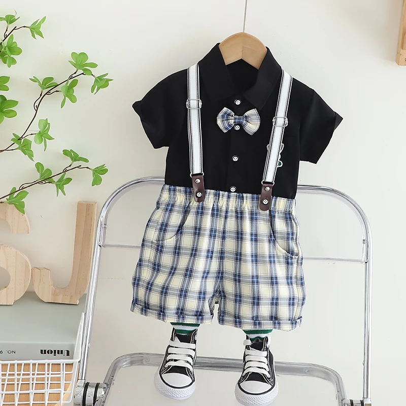 2024Summer Kids Baby Boy Formal Suit Short Sleeve with Shirt+Suspender Pants Casual Clothes Outfit Gentleman 2PCS clothes