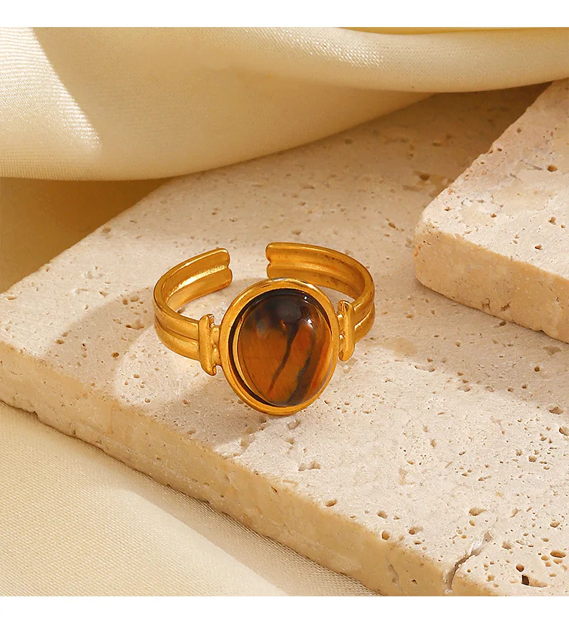 Vintage 18K Gold Plated Natural Stone Tiger Eyes Open Adjustable Ring Non Tarnish Stainless Steel Green Aventurine Gold Ring