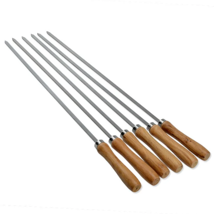 16 Inch length BBQ Skewer with wood handle Metal Stainless Steel Barbecue Shish Kebab Kabob Skewers For Grilling